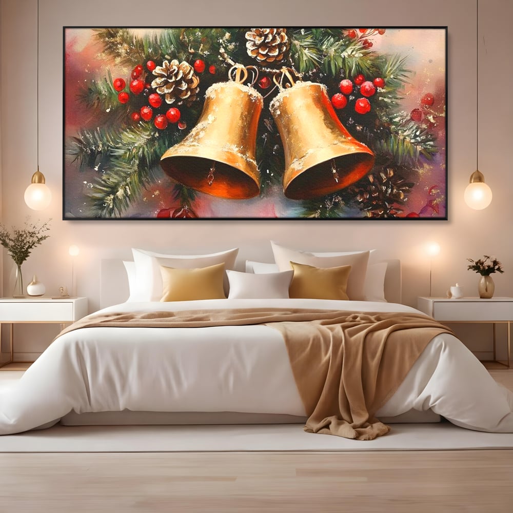 Tablou canvas cu tablou canvas cu clopotei aurii si conuri, in rama de aluminiu negru, pe perete intr-un dormitor