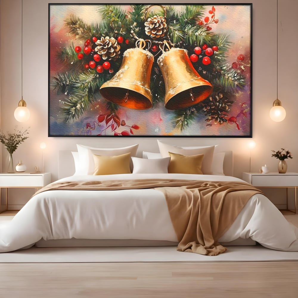 Tablou canvas cu tablou canvas cu clopotei aurii si conuri, in rama de aluminiu negru, pe perete intr-un dormitor