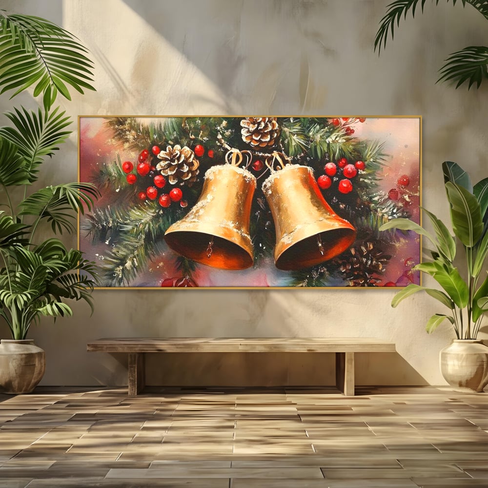 Tablou canvas cu tablou canvas cu clopotei aurii si conuri, in rama de aluminiu auriu