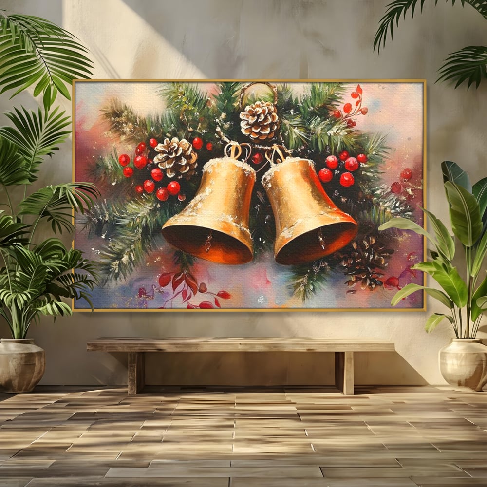 Tablou canvas cu tablou canvas cu clopotei aurii si conuri, in rama de aluminiu auriu