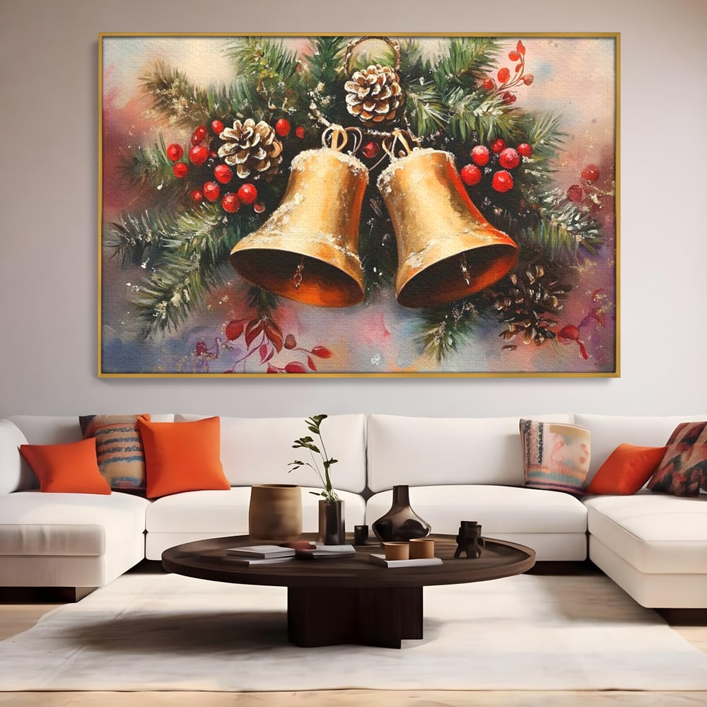 Tablou canvas cu tablou canvas cu clopotei aurii si conuri, in rama de aluminiu auriu, pe perete intr-un living