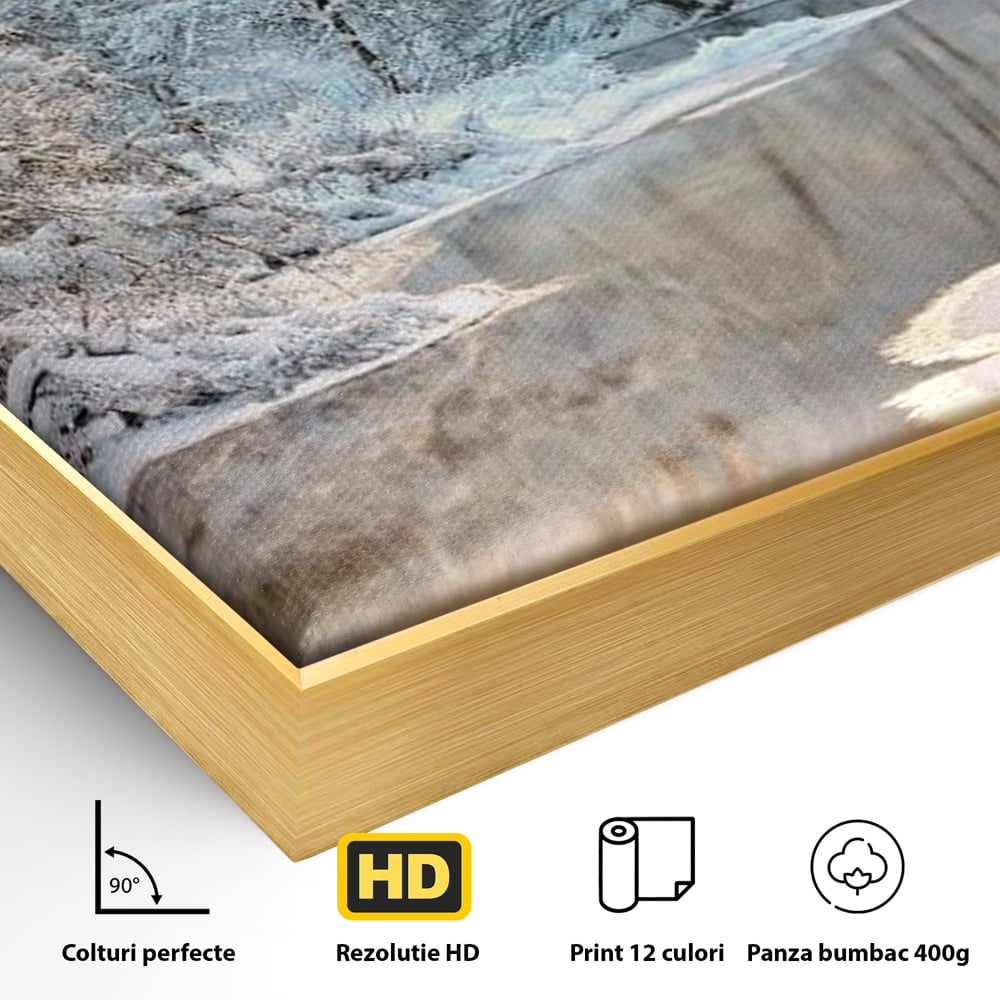 Detaliu al suprafetei: tablou canvas cu peisaj de iarna pe rau, in rama de aluminiu auriu