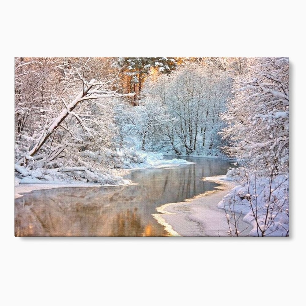 Tablou canvas cu tablou canvas cu peisaj de iarna pe rau, fara rama, pe sasiu de lemn