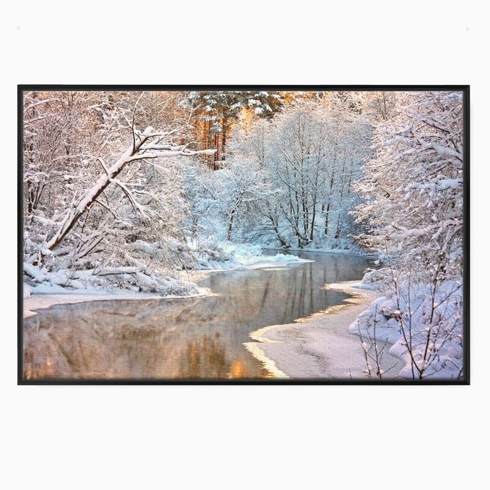Tablou canvas cu tablou canvas cu peisaj de iarna pe rau, in rama de aluminiu negru