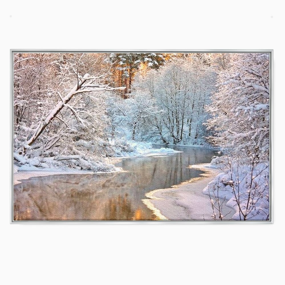 Tablou canvas cu tablou canvas cu peisaj de iarna pe rau, in rama de aluminiu argintiu