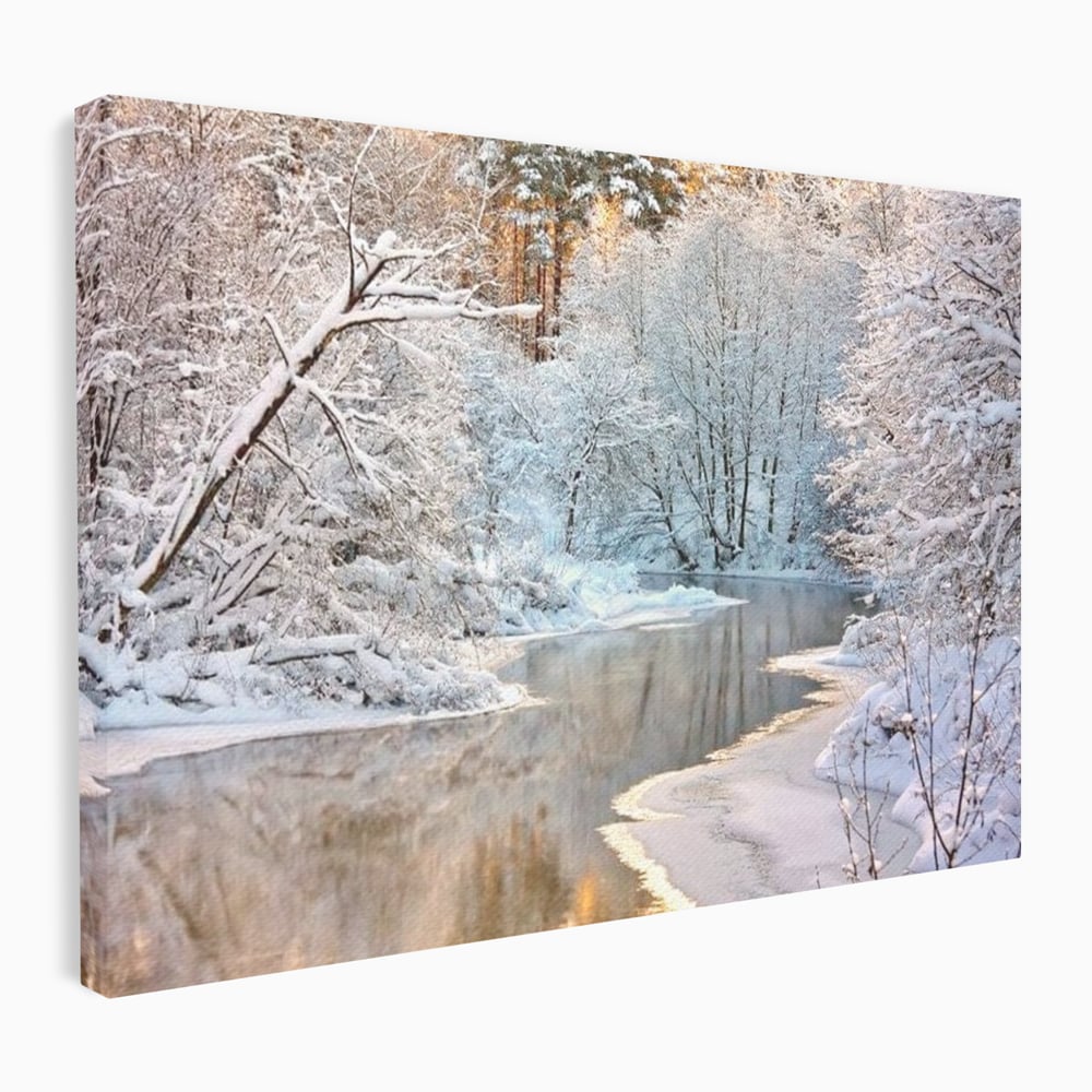 Tablou canvas cu tablou canvas cu peisaj de iarna pe rau, fara rama, pe sasiu de lemn