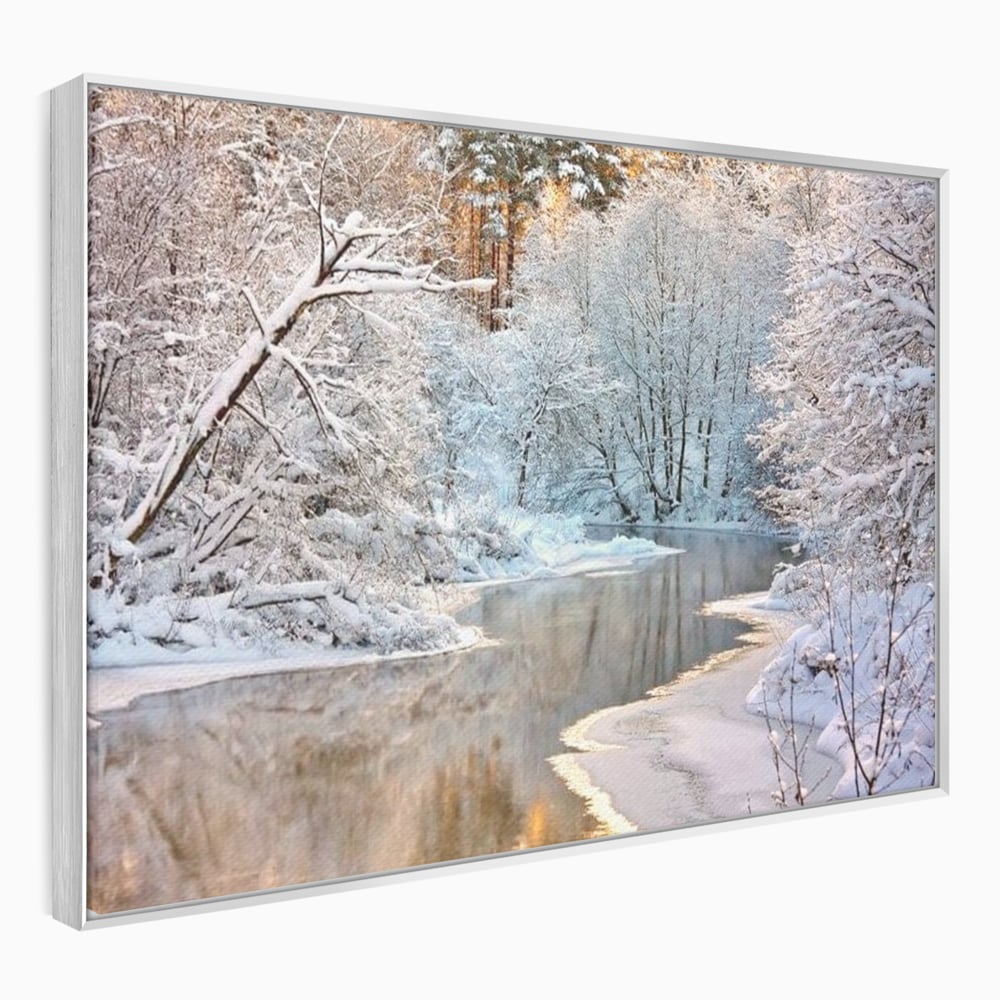 Tablou canvas cu tablou canvas cu peisaj de iarna pe rau, in rama de aluminiu argintiu