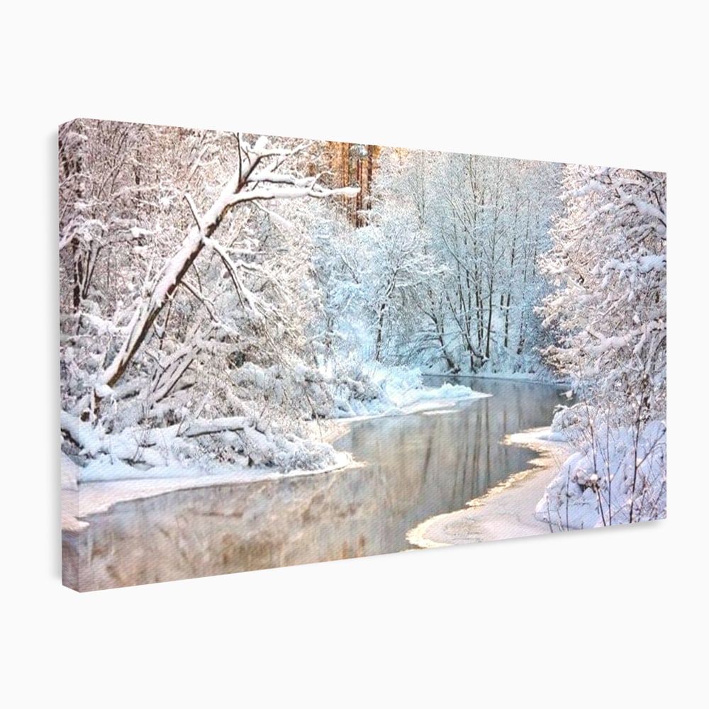 Tablou canvas cu tablou canvas cu peisaj de iarna pe rau, fara rama, pe sasiu de lemn
