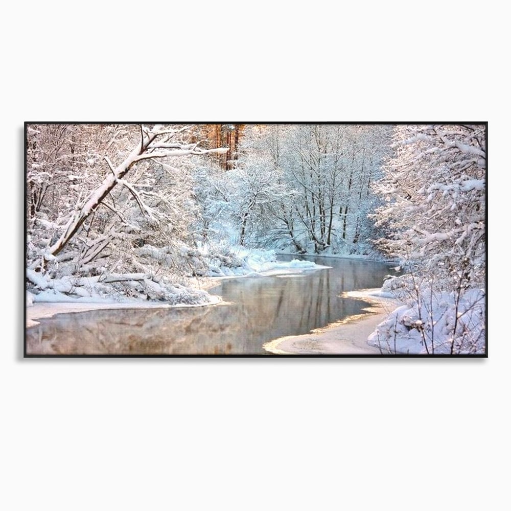 Tablou canvas cu tablou canvas cu peisaj de iarna pe rau, in rama de aluminiu negru