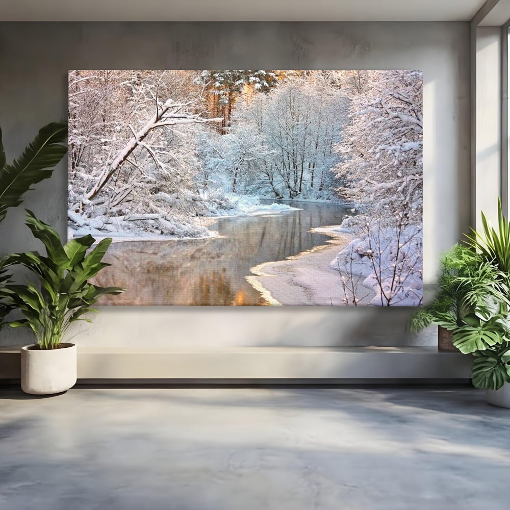 Tablou canvas cu tablou canvas cu peisaj de iarna pe rau, fara rama, pe sasiu de lemn