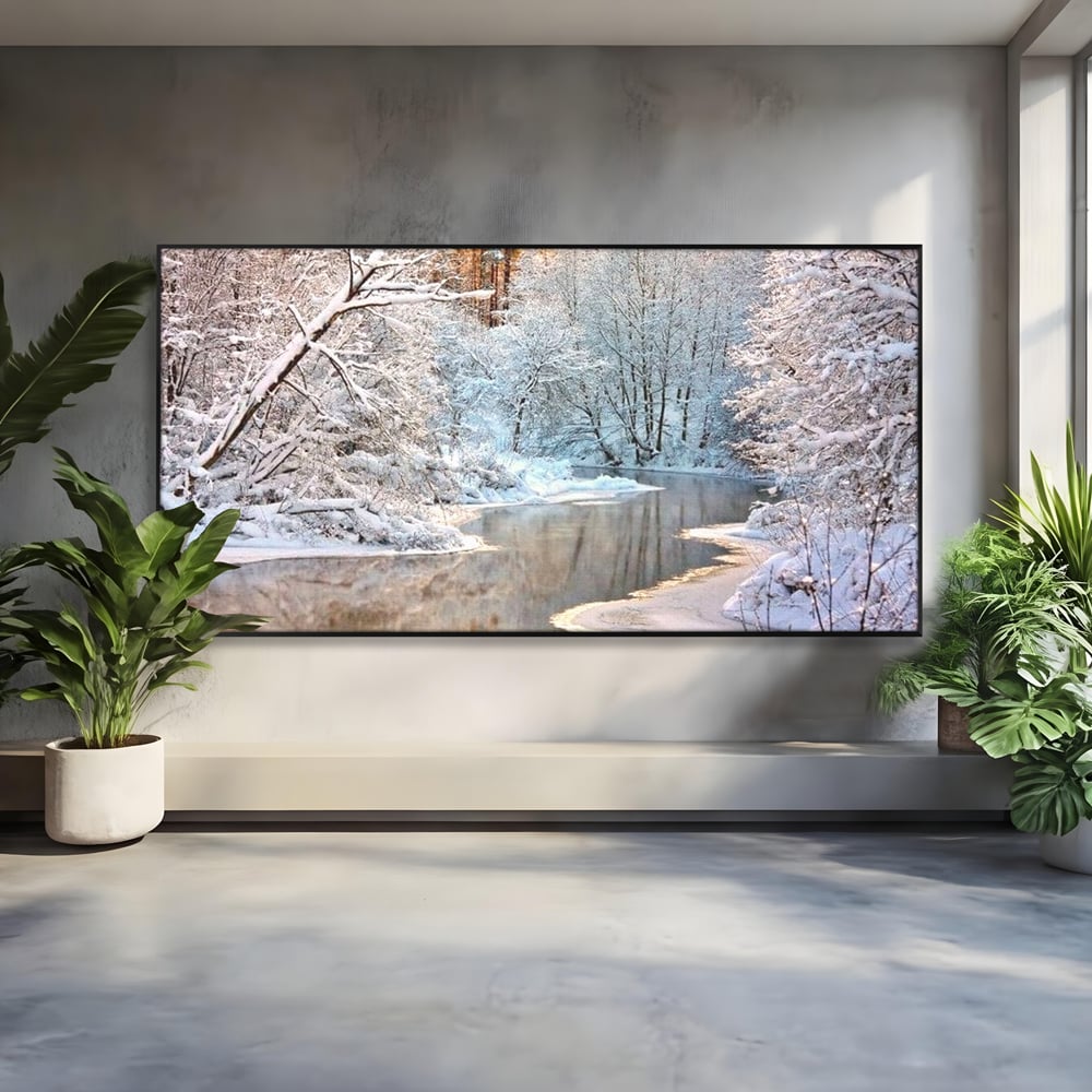 Tablou canvas cu tablou canvas cu peisaj de iarna pe rau, in rama de aluminiu negru