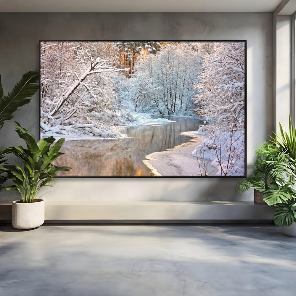 Tablou canvas cu tablou canvas cu peisaj de iarna pe rau, in rama de aluminiu negru