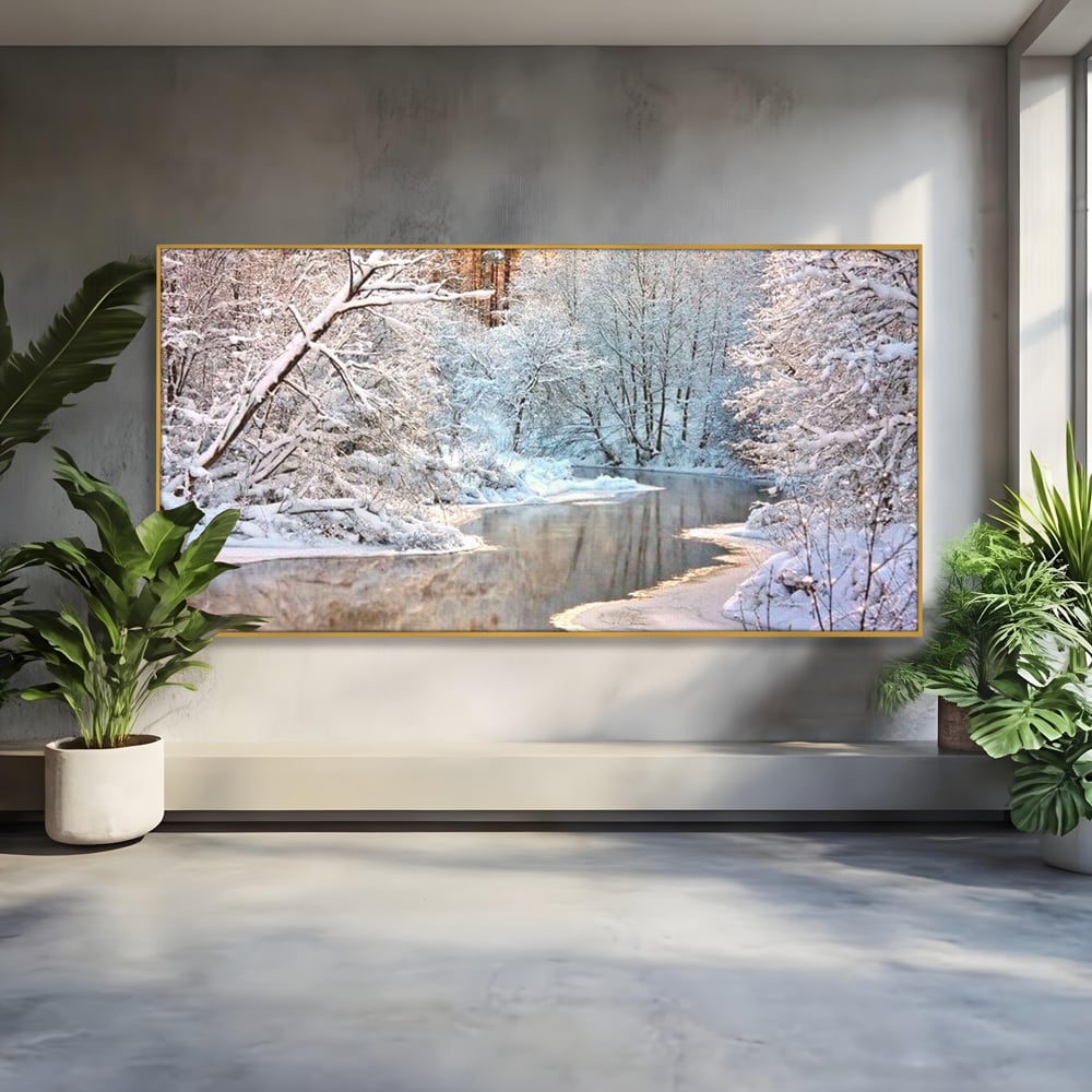 Tablou canvas cu tablou canvas cu peisaj de iarna pe rau, in rama de aluminiu auriu