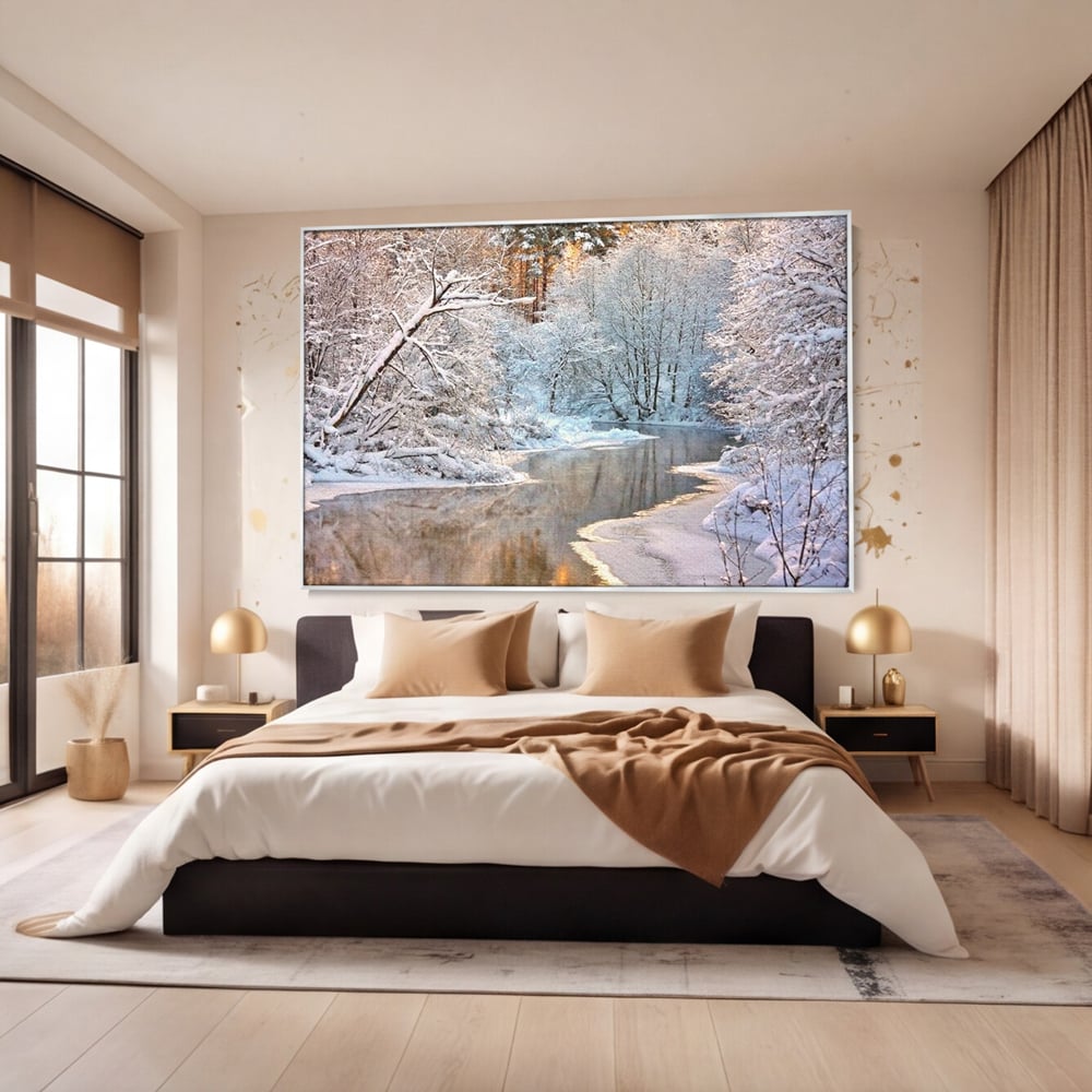 Tablou canvas cu tablou canvas cu peisaj de iarna pe rau, in rama de aluminiu argintiu, pe perete intr-un dormitor