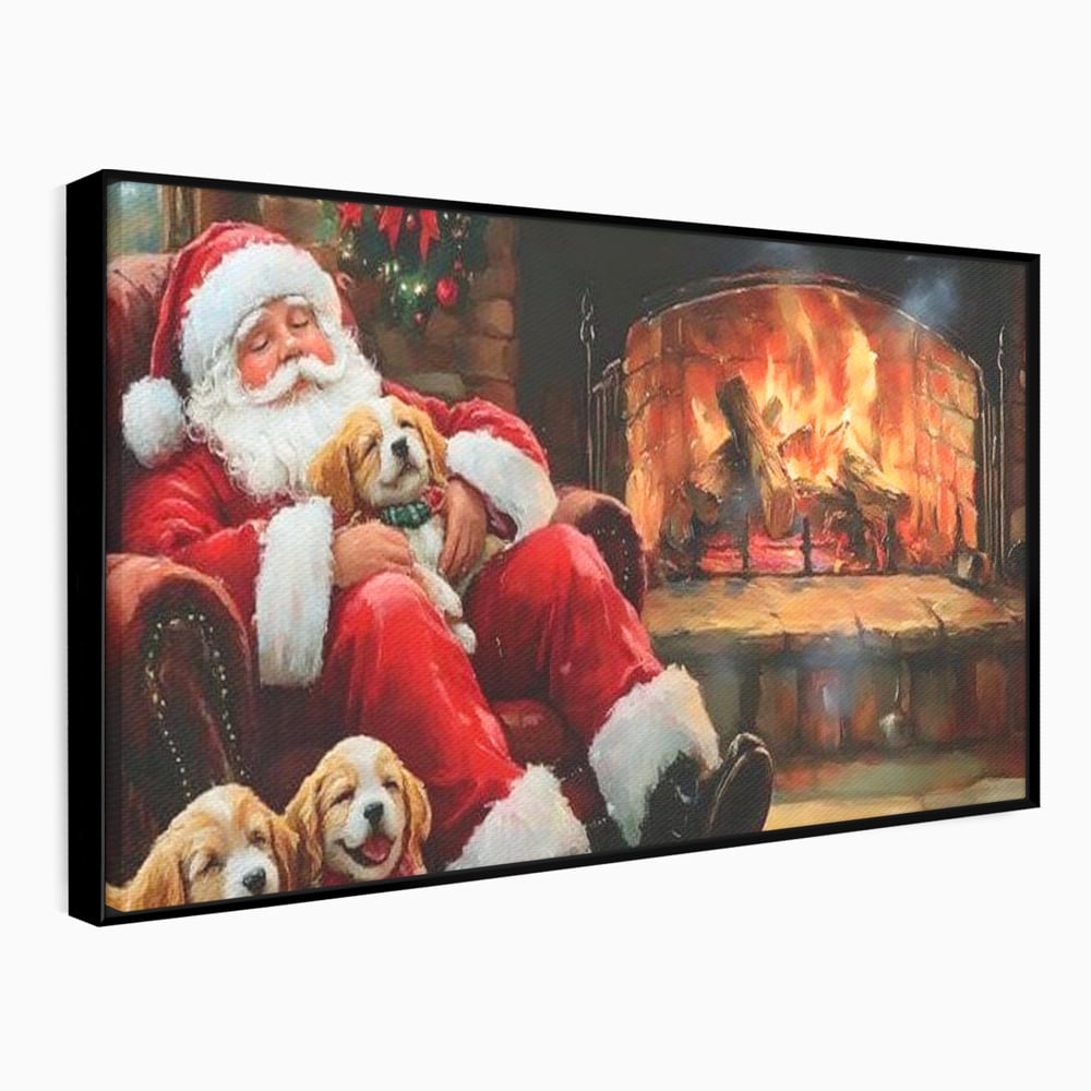 Tablou canvas cu mos craciun dormind cu catei langa semineu, in rama de aluminiu negru