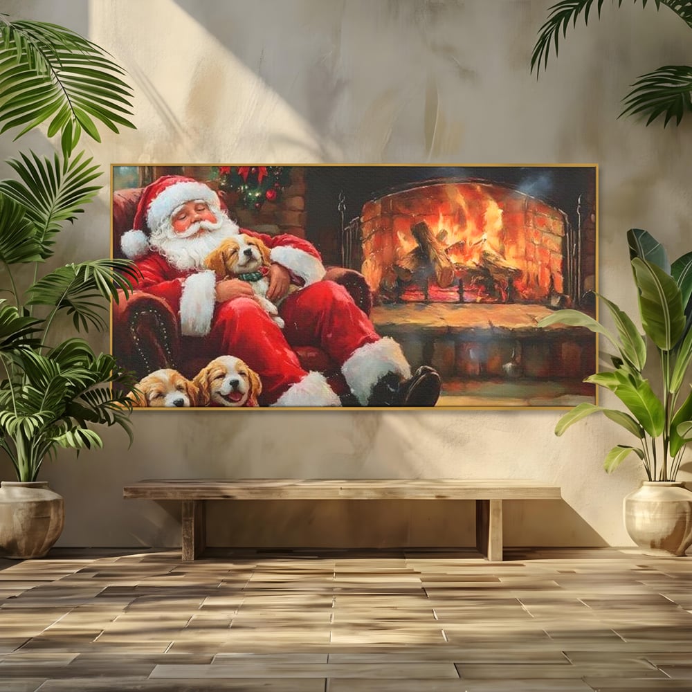 Tablou canvas cu mos craciun dormind cu catei langa semineu, in rama de aluminiu auriu