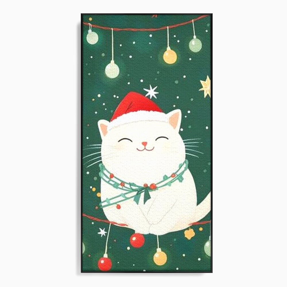 Tablou canvas cu ilustratie cu pisica alba de craciun, in rama de aluminiu negru