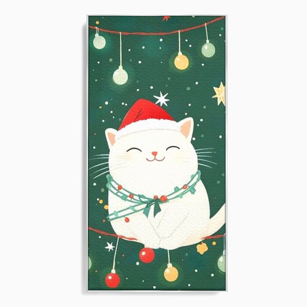 Tablou canvas cu ilustratie cu pisica alba de craciun, in rama de aluminiu argintiu