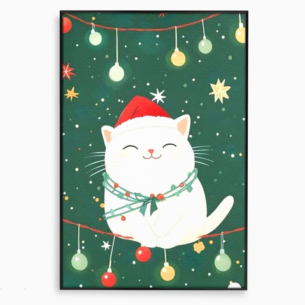 Tablou canvas cu ilustratie cu pisica alba de craciun, in rama de aluminiu negru