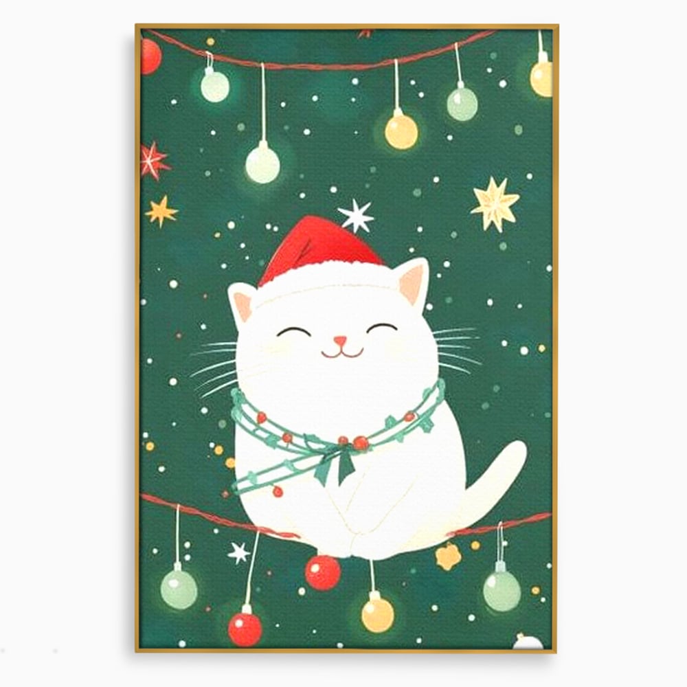 Tablou canvas cu ilustratie cu pisica alba de craciun, in rama de aluminiu auriu
