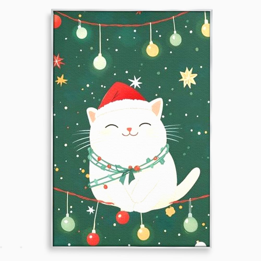 Tablou canvas cu ilustratie cu pisica alba de craciun, in rama de aluminiu argintiu