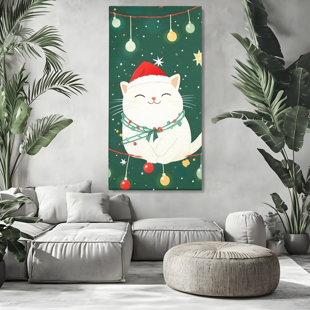 Tablou canvas cu ilustratie cu pisica alba de craciun, fara rama, pe sasiu de lemn, pe perete intr-un living