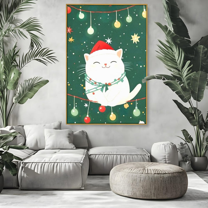 Tablou canvas cu ilustratie cu pisica alba de craciun, in rama de aluminiu auriu, pe perete intr-un living