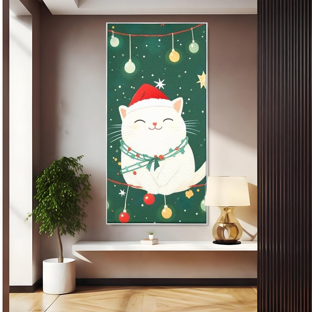 Tablou canvas cu ilustratie cu pisica alba de craciun, in rama de aluminiu argintiu