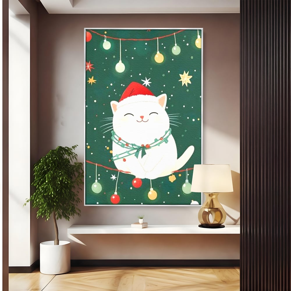 Tablou canvas cu ilustratie cu pisica alba de craciun, in rama de aluminiu argintiu