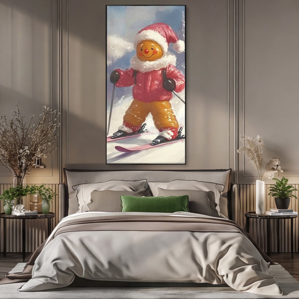 Tablou canvas cu turtita dulce schioare, in rama de aluminiu negru, pe perete intr-un dormitor