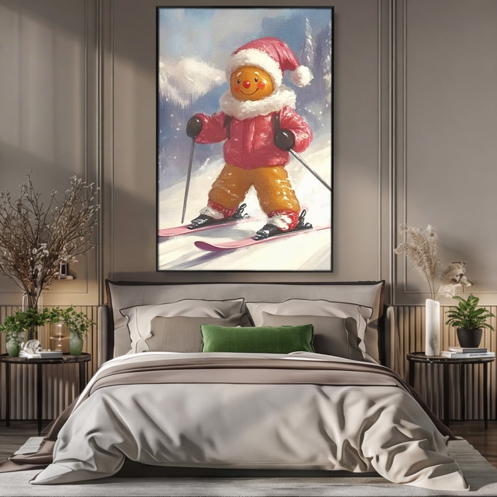 Tablou canvas cu turtita dulce schioare, in rama de aluminiu negru, pe perete intr-un dormitor