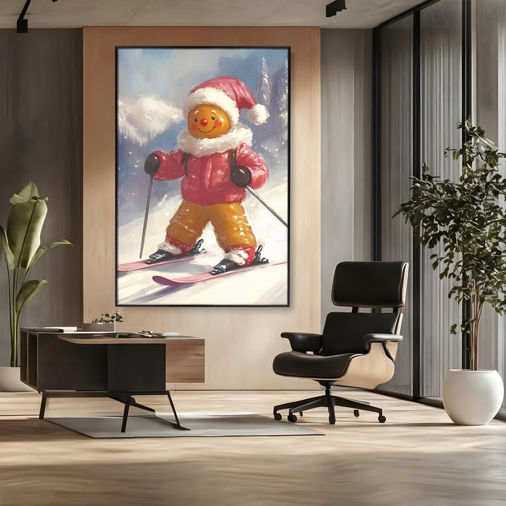 Tablou canvas cu turtita dulce schioare, in rama de aluminiu negru, pe perete intr-un birou