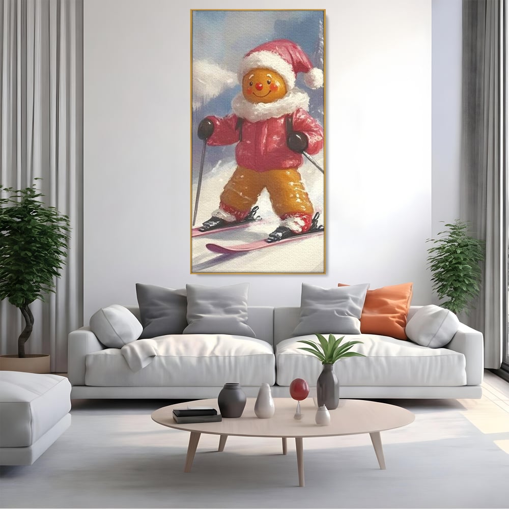 Tablou canvas cu turtita dulce schioare, in rama de aluminiu auriu, pe perete intr-un living