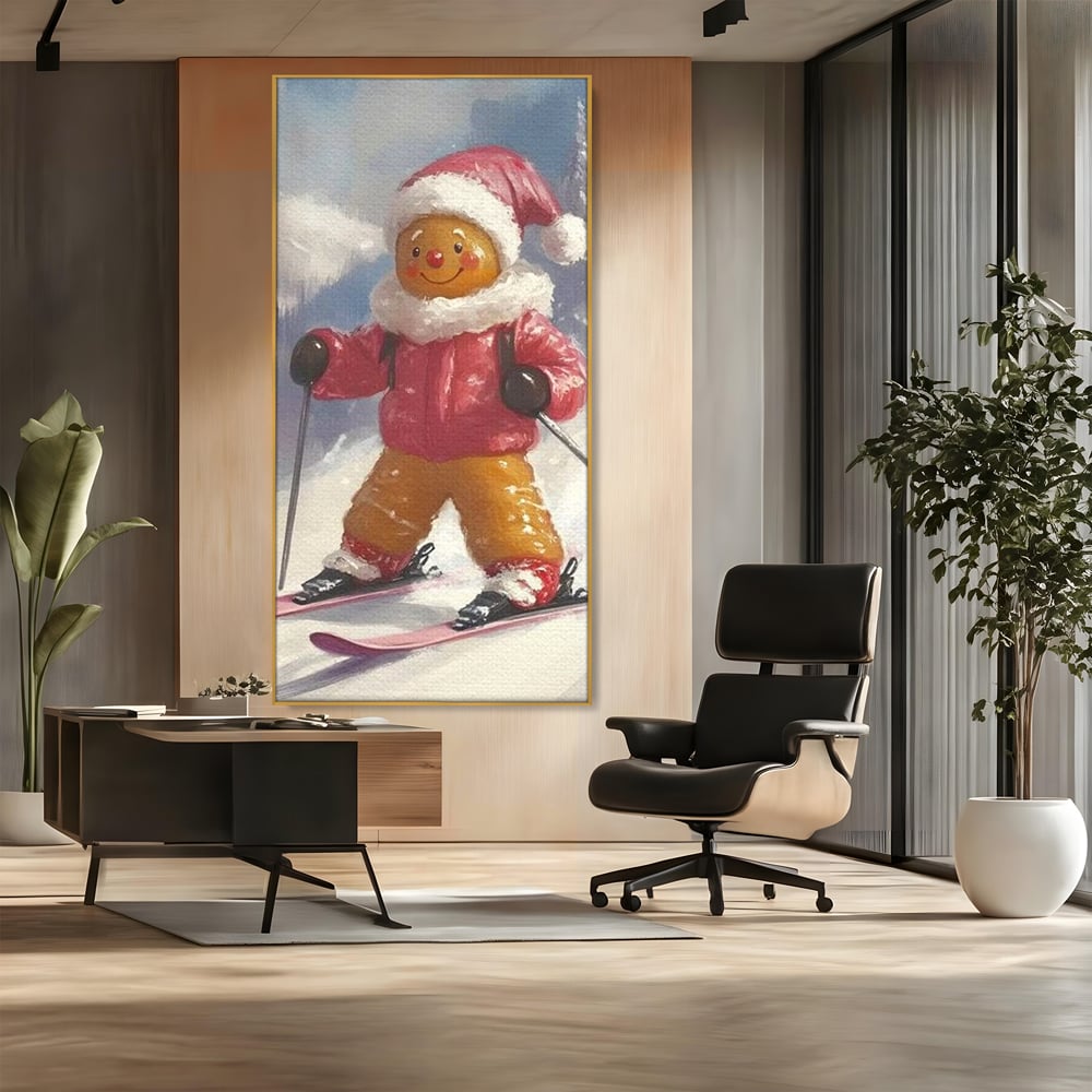 Tablou canvas cu turtita dulce schioare, in rama de aluminiu auriu, pe perete intr-un birou