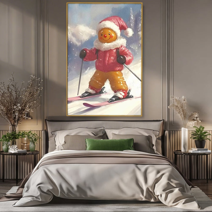 Tablou canvas cu turtita dulce schioare, in rama de aluminiu auriu, pe perete intr-un dormitor