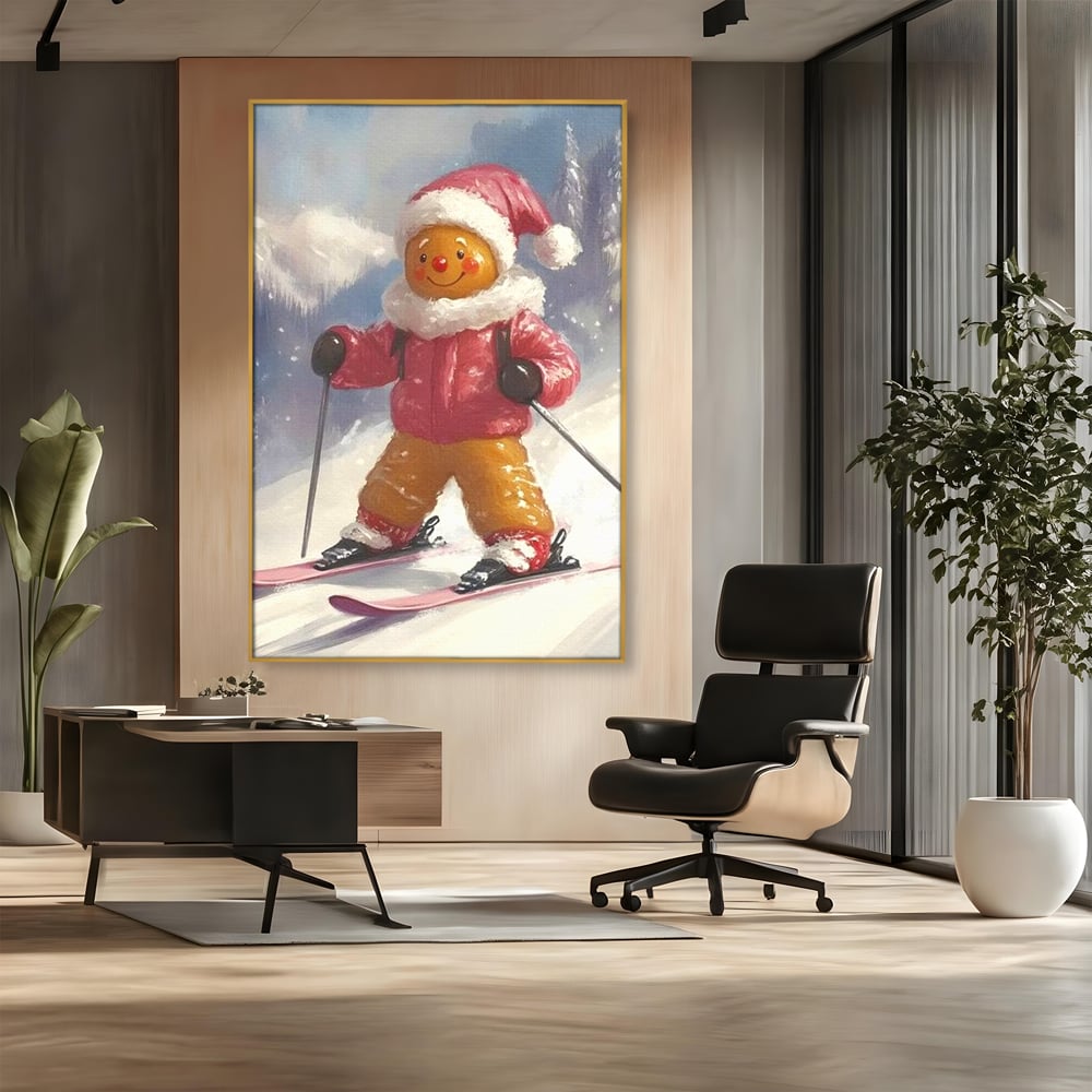 Tablou canvas cu turtita dulce schioare, in rama de aluminiu auriu, pe perete intr-un birou