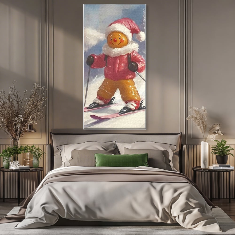 Tablou canvas cu turtita dulce schioare, in rama de aluminiu argintiu, pe perete intr-un dormitor