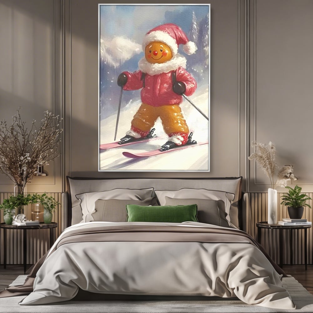 Tablou canvas cu turtita dulce schioare, in rama de aluminiu argintiu, pe perete intr-un dormitor
