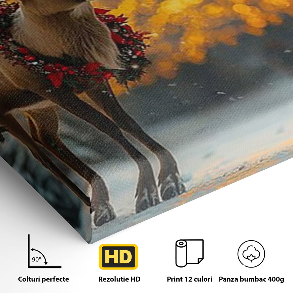 Detaliu al suprafetei: tablou canvas cu ren festiv inzapezit, fara rama, pe sasiu de lemn
