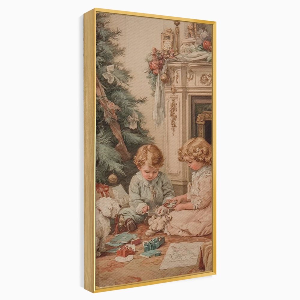 Tablou canvas cu ilustratie vintage cu copii langa bradul de craciun, in rama de aluminiu auriu