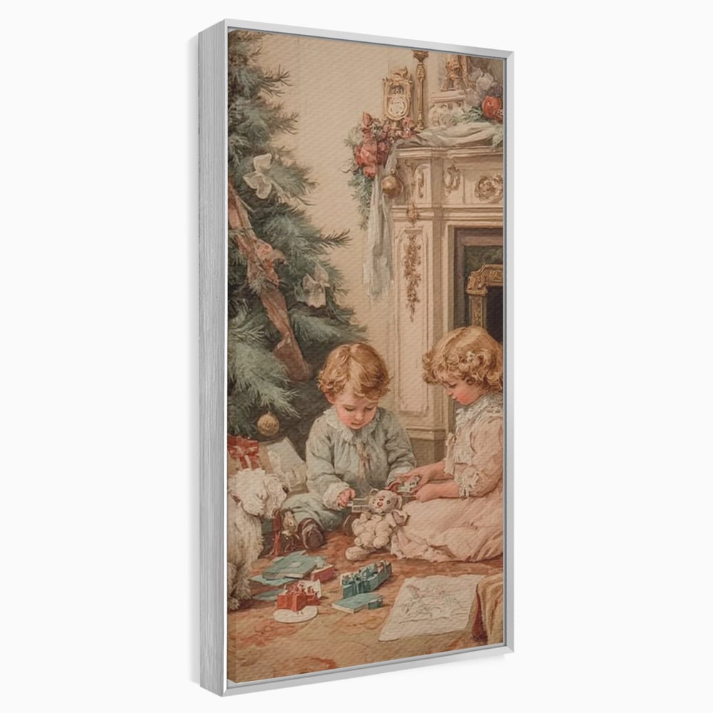 Tablou canvas cu ilustratie vintage cu copii langa bradul de craciun, in rama de aluminiu argintiu