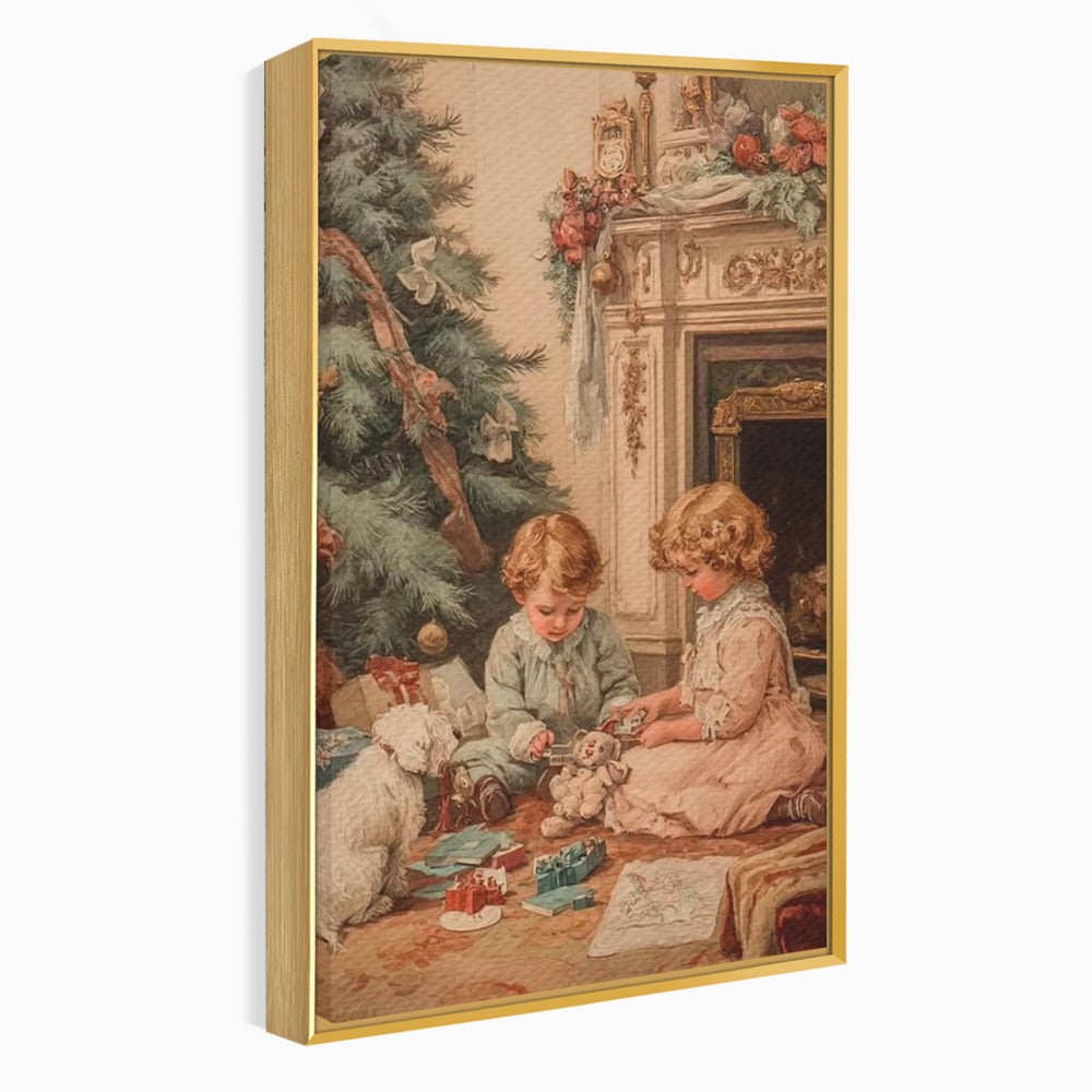 Tablou canvas cu ilustratie vintage cu copii langa bradul de craciun, in rama de aluminiu auriu