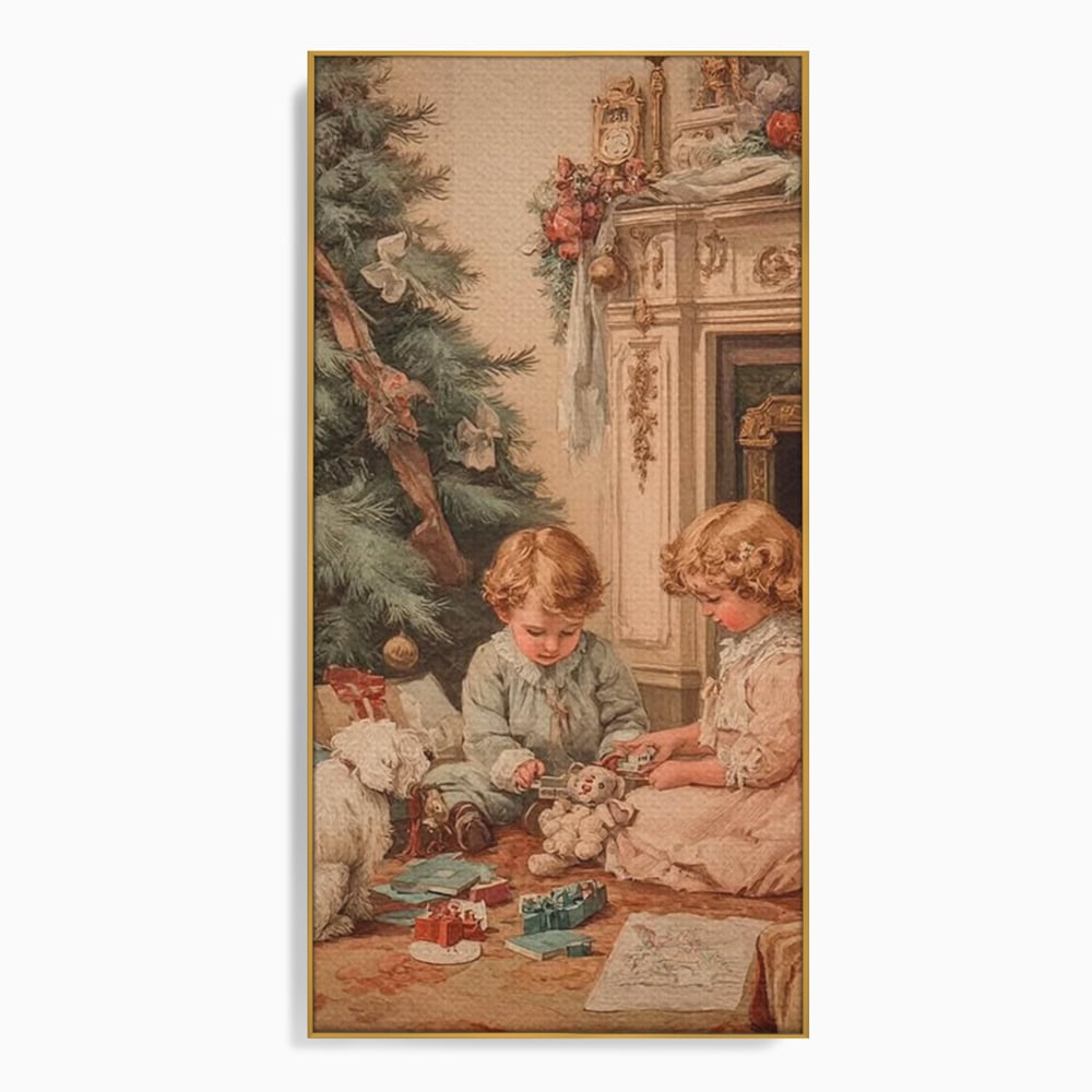 Tablou canvas cu ilustratie vintage cu copii langa bradul de craciun, in rama de aluminiu auriu