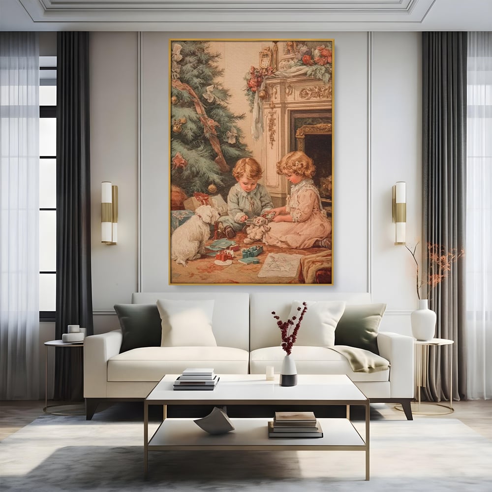 Tablou canvas cu ilustratie vintage cu copii langa bradul de craciun, in rama de aluminiu auriu, pe perete intr-un living