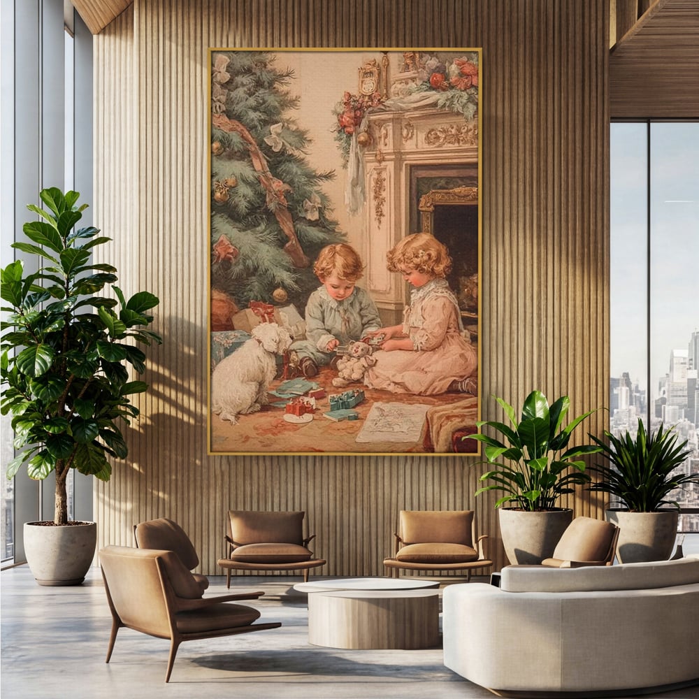 Tablou canvas cu ilustratie vintage cu copii langa bradul de craciun, in rama de aluminiu auriu, pe perete intr-un birou