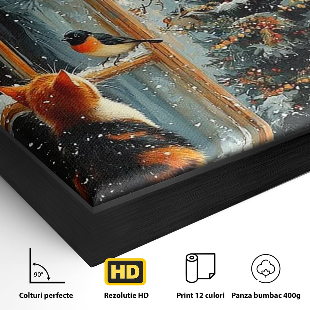 Detaliu al suprafetei: tablou canvas cu pisica priveste pasari la fereastra, in rama de aluminiu negru
