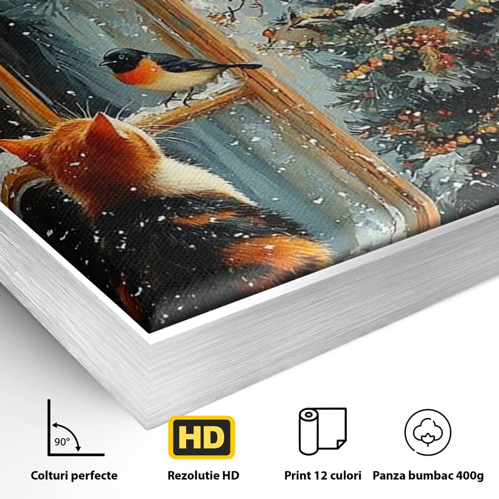 Detaliu al suprafetei: tablou canvas cu pisica priveste pasari la fereastra, in rama de aluminiu argintiu
