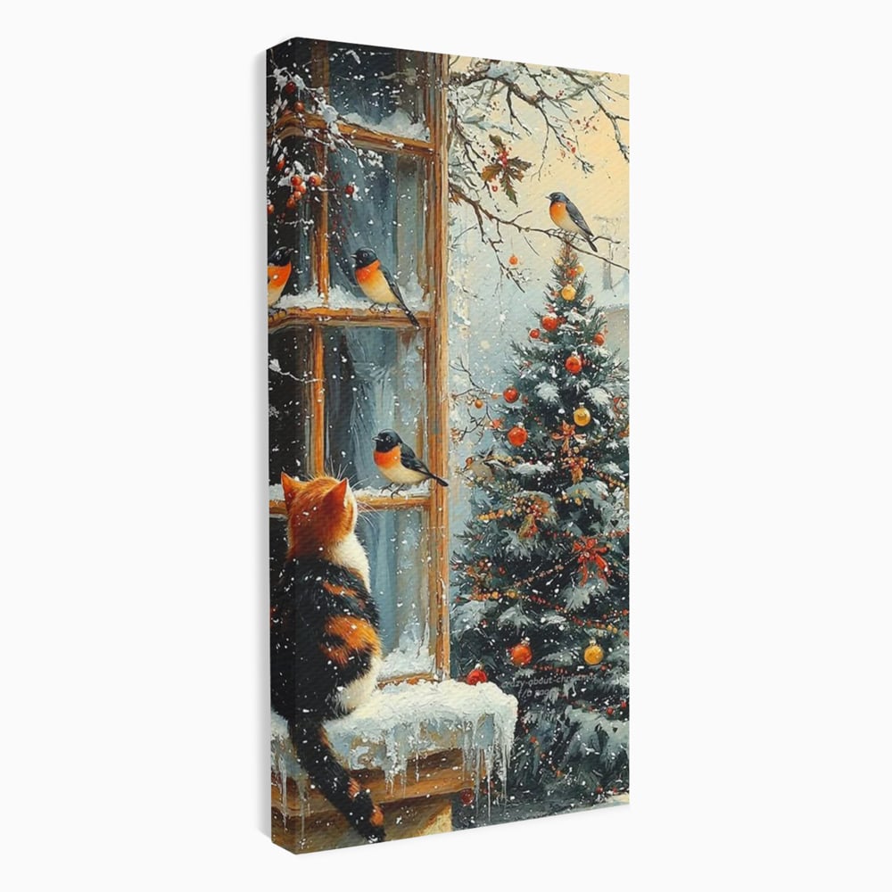 Tablou canvas cu tablou canvas cu pisica priveste pasari la fereastra, fara rama, pe sasiu de lemn