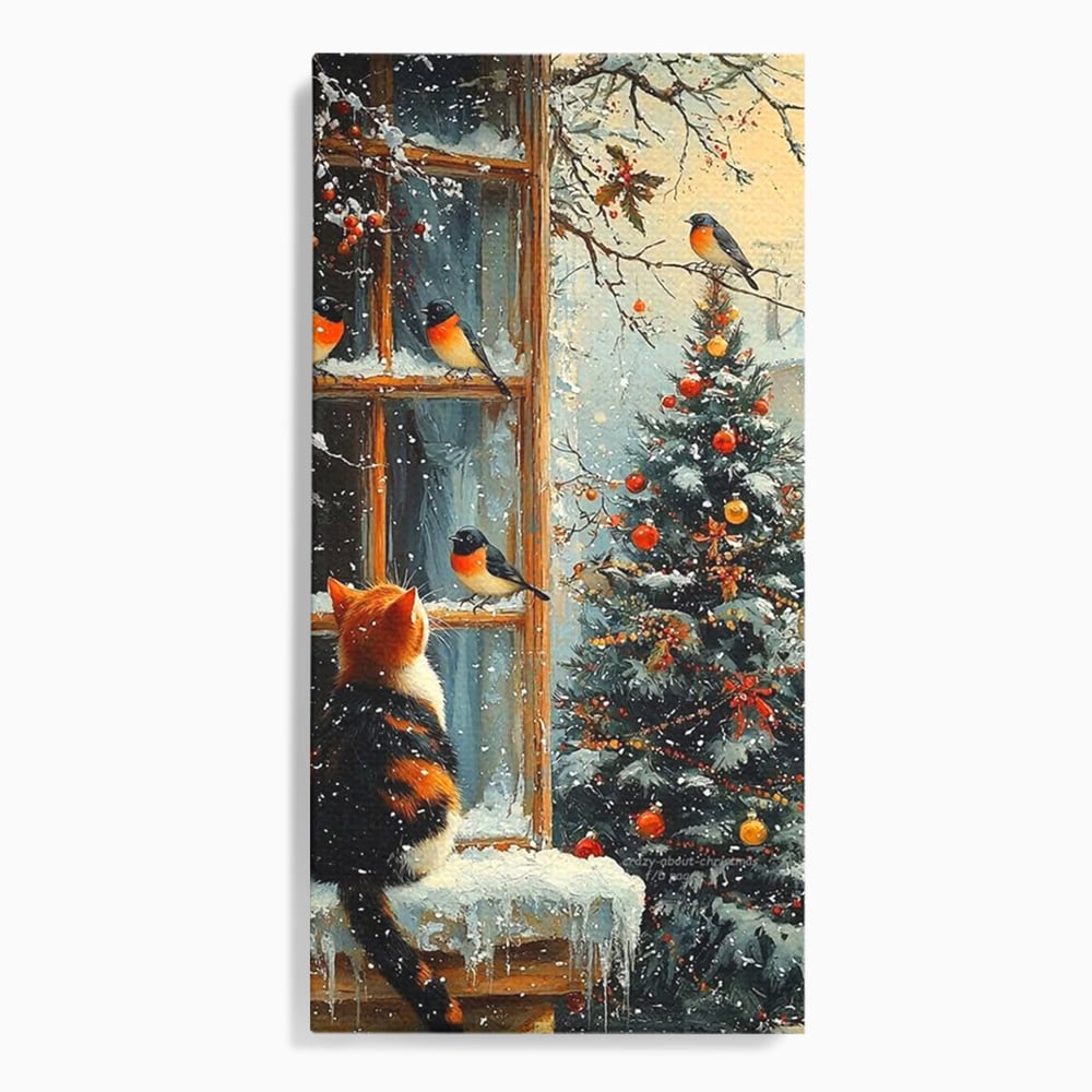 Tablou canvas cu tablou canvas cu pisica priveste pasari la fereastra, fara rama, pe sasiu de lemn