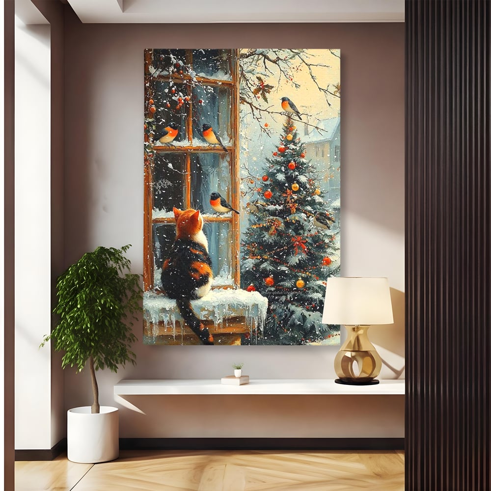 Tablou canvas cu tablou canvas cu pisica priveste pasari la fereastra, fara rama, pe sasiu de lemn